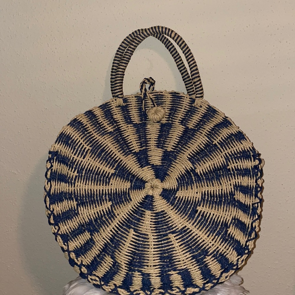 Lulus High Moon Navy Blue and Beige Woven Tote - Picture 4 of 9